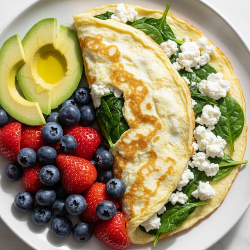 Egg White Spinach Omelet with Cottage Cheese and Fresh Berries