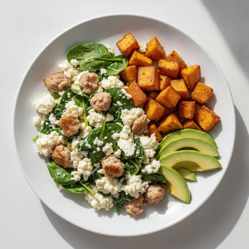 Egg White and Turkey Sausage Scramble with Spinach and Roasted Sweet Potato