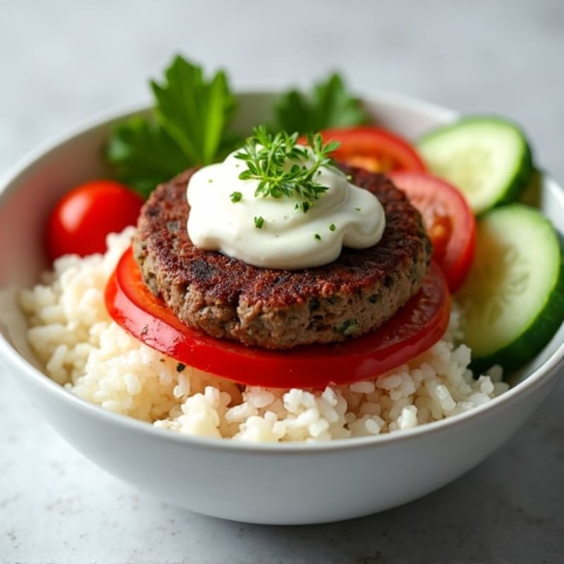Beef Patty Rice Bowl with Cherry Tomatoes and Cucumber