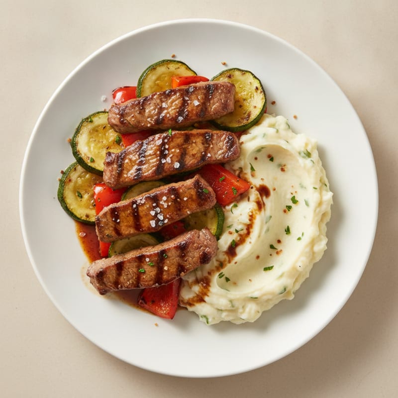 Seared Beef Strips with Roasted Vegetables and Garlic Mashed Potatoes