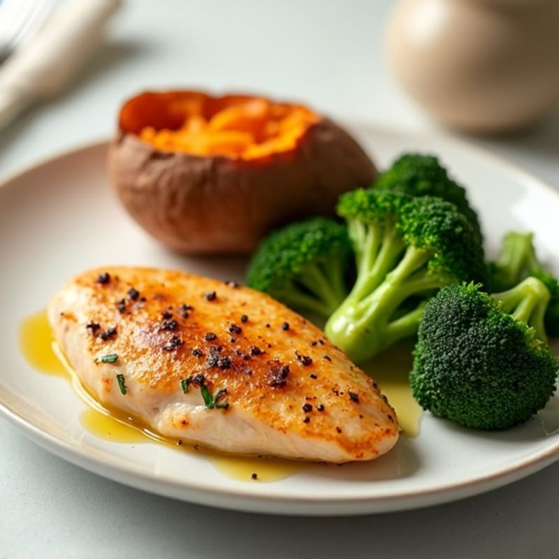 Roasted Chicken Breast with Steamed Broccoli and Sweet Potato