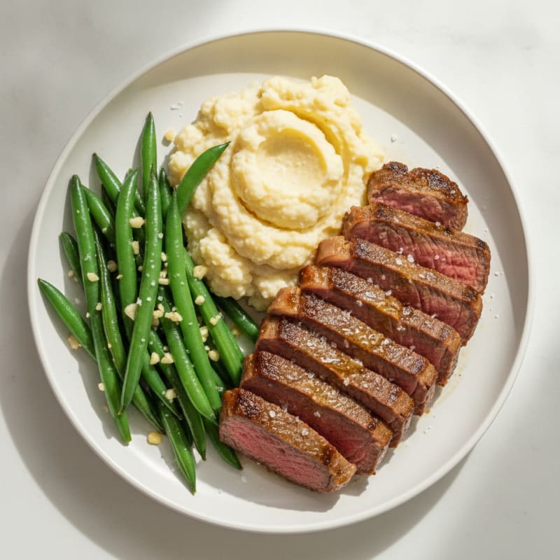 Seared Lean Beef with Garlic Green Beans and Cauliflower Mash