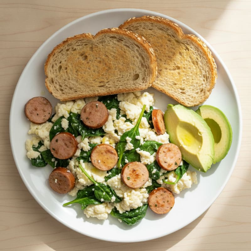 Egg White and Chicken Sausage Scramble with Spinach