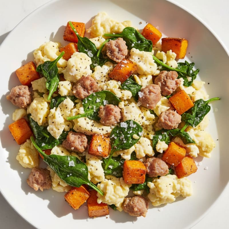 Egg White and Turkey Sausage Scramble with Spinach and Sweet Potato