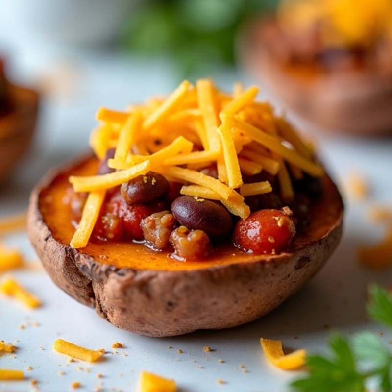 Crispy Baked Sweet Potato Skins Loaded with Lean Turkey Chili and Sharp Cheddar