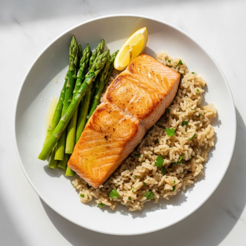 Seared Salmon Fillet with Steamed Asparagus and Herb Rice