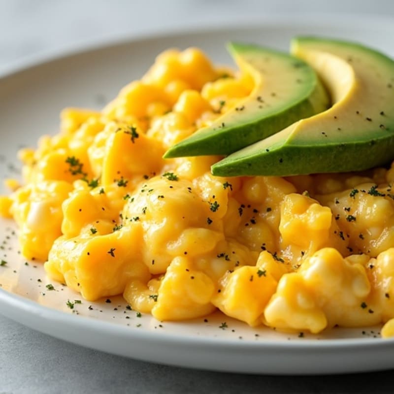 Creamy Cheesy Egg Scramble with Sliced Avocado