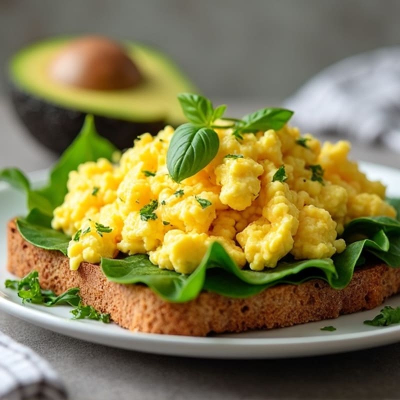 Fluffy Scrambled Eggs with Creamy Avocado and Fresh Greens on Whole Wheat Toast