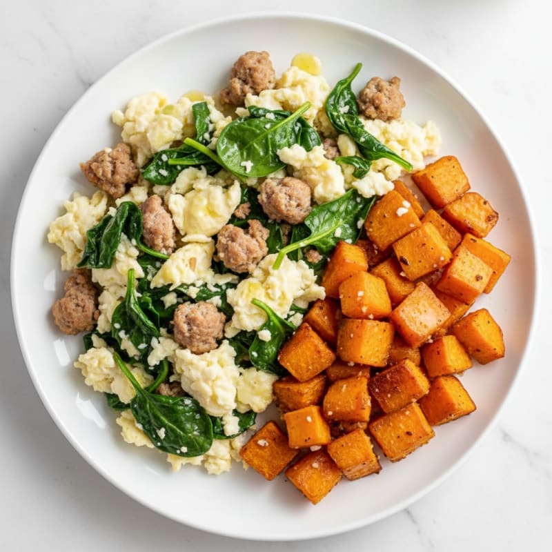 Egg White and Turkey Sausage Scramble with Spinach and Roasted Sweet Potato