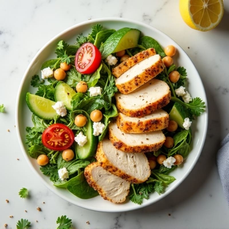 Crispy Green Salad with Lemon-Herb Chicken, Chickpeas, and Creamy Feta Dressing