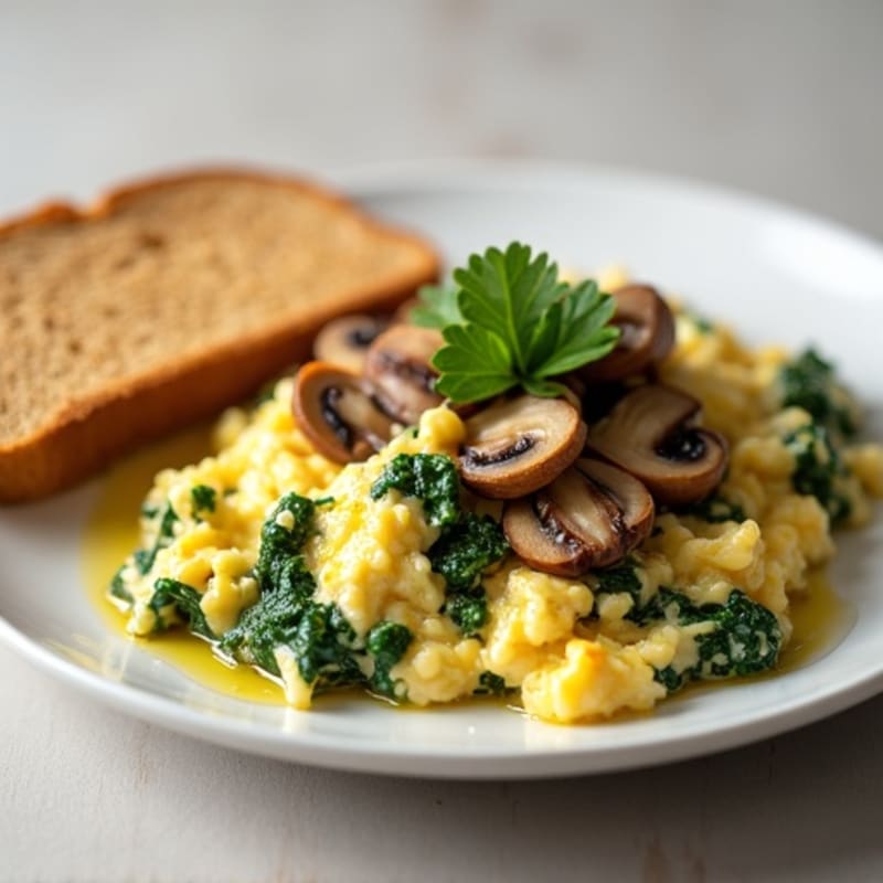 Egg White and Turkey Spinach Scramble with Sautéed Mushrooms and Toast