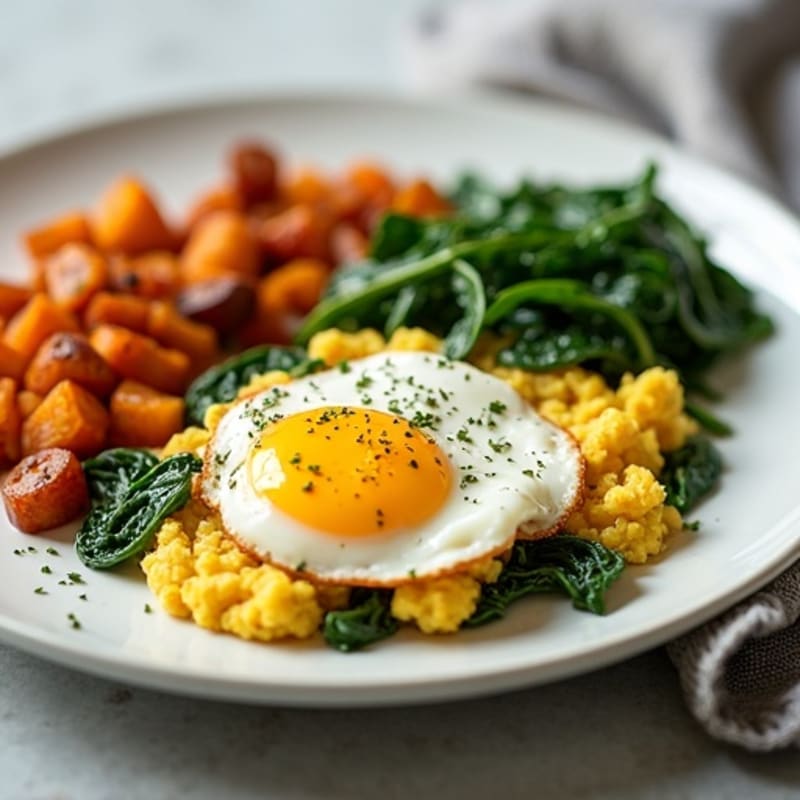 Protein-Packed Scrambled Eggs with Sautéed Greens and Crispy Sweet Potato Hash