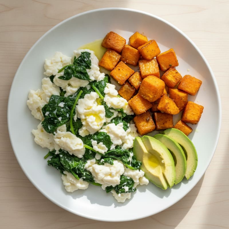 Egg White and Spinach Scramble with Roasted Sweet Potato