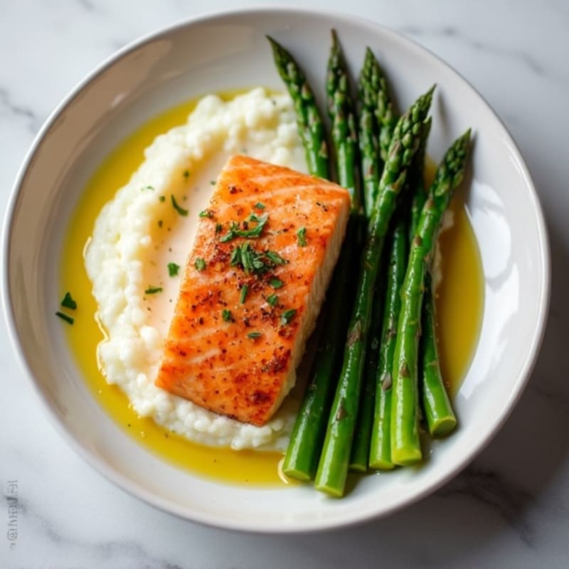 Seared Salmon with Steamed Asparagus and Cauliflower Mash