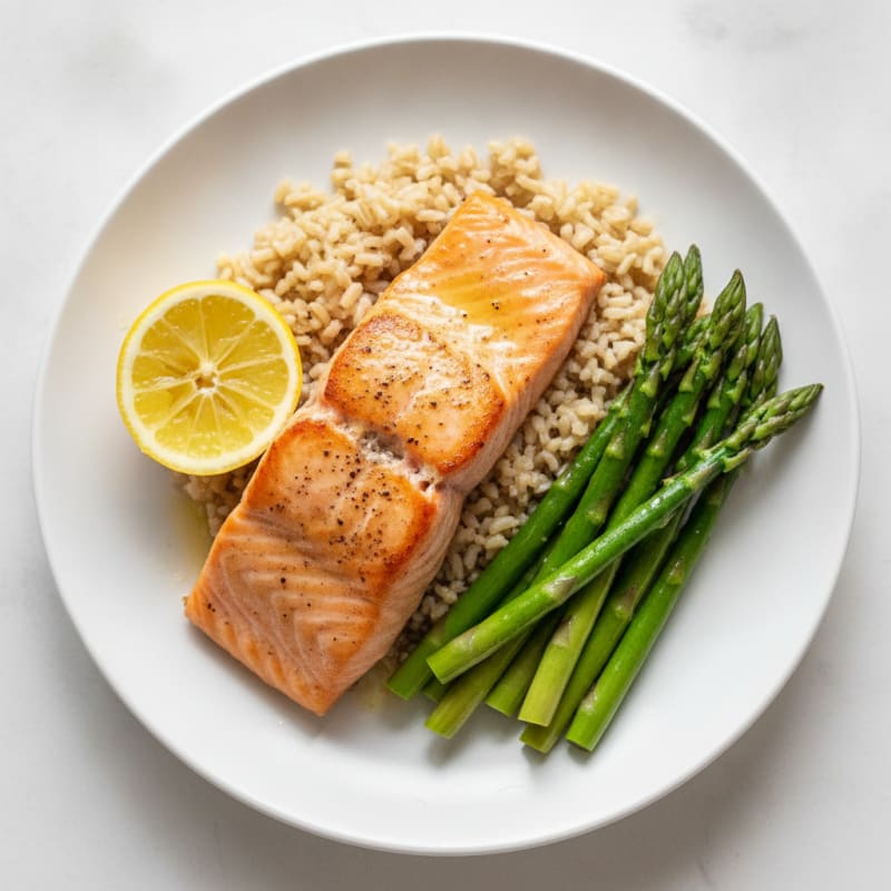 Pan-Seared Salmon with Steamed Asparagus and Brown Rice