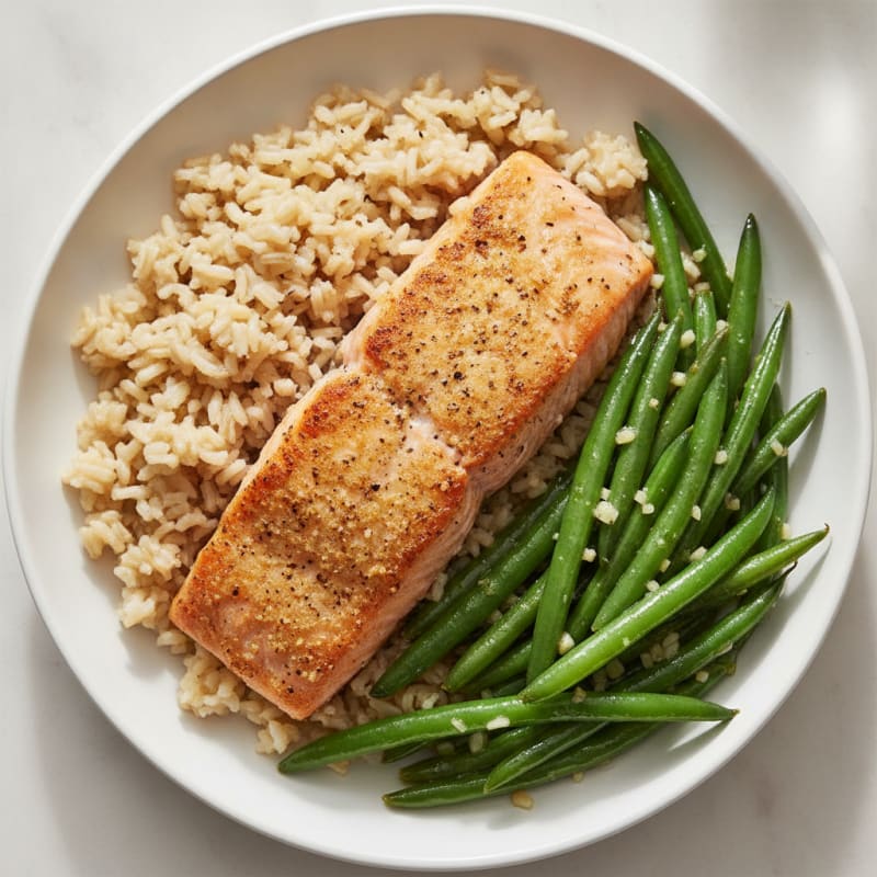 Seared Salmon Fillet with Garlic Green Beans and Brown Rice