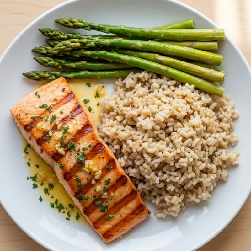 Grilled Lemon Garlic Salmon with Steamed Asparagus and Brown Rice