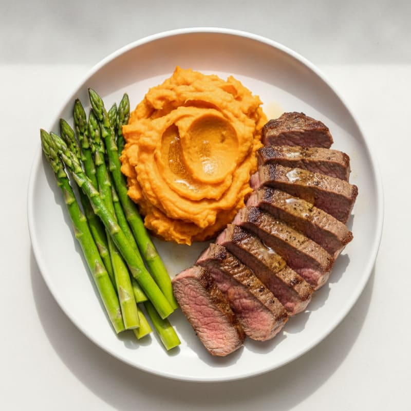 Seared Lean Beef with Steamed Asparagus and Sweet Potato Mash