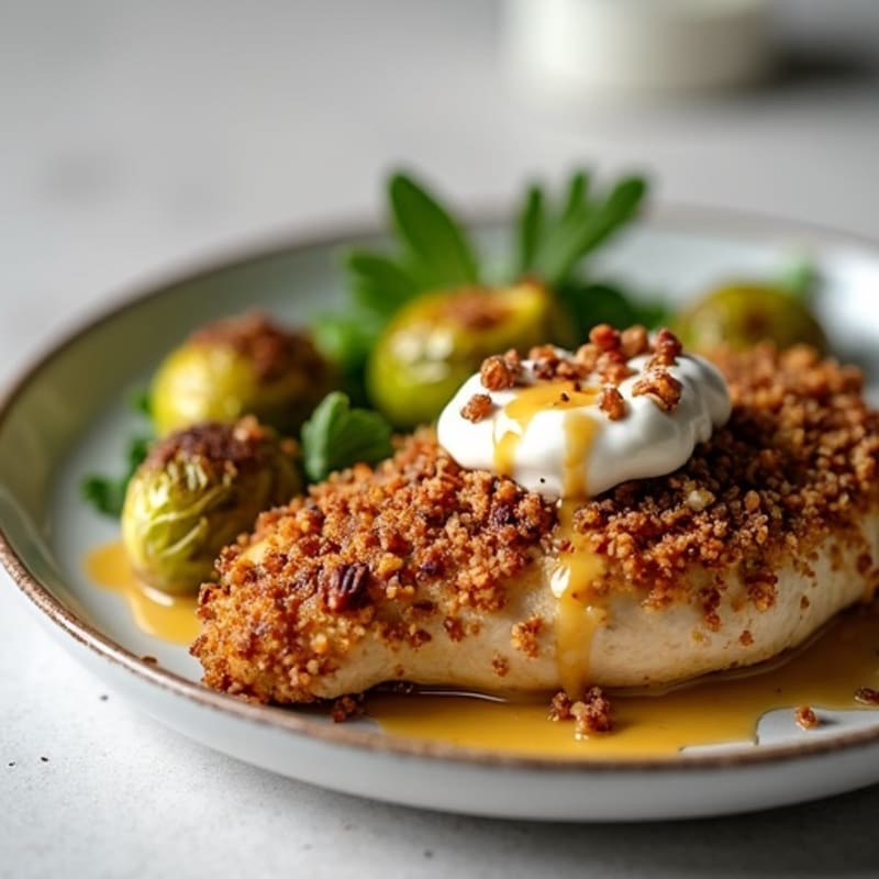 Crunchy Pecan-Crusted Chicken with Roasted Brussels Sprouts and Creamy Dijon Drizzle