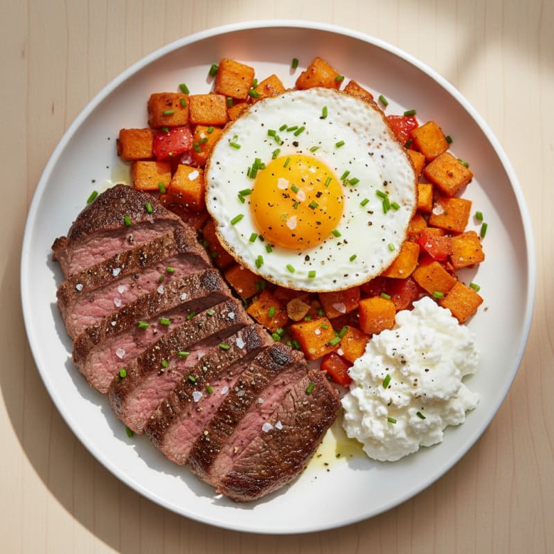 Pan-Seared Round Steak with Sweet Potato Hash