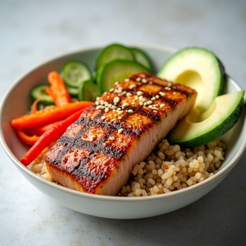 Fresh Sesame-Ginger Tuna with Brown Rice, Creamy Avocado, and Crisp Vegetables