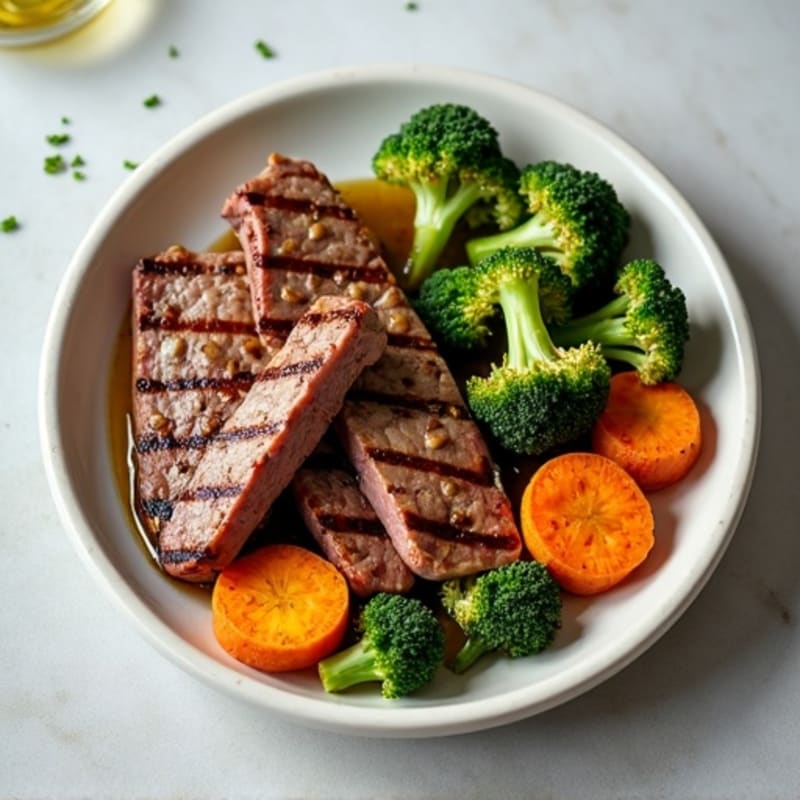 Grilled Beef Strips with Roasted Broccoli and Sweet Potato