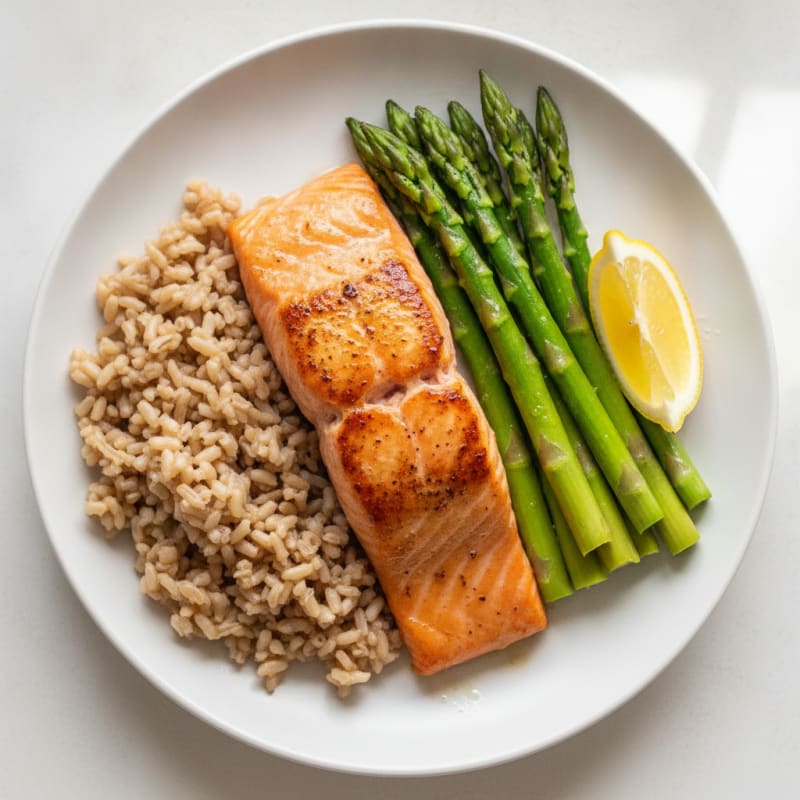 Seared Salmon with Steamed Asparagus and Brown Rice