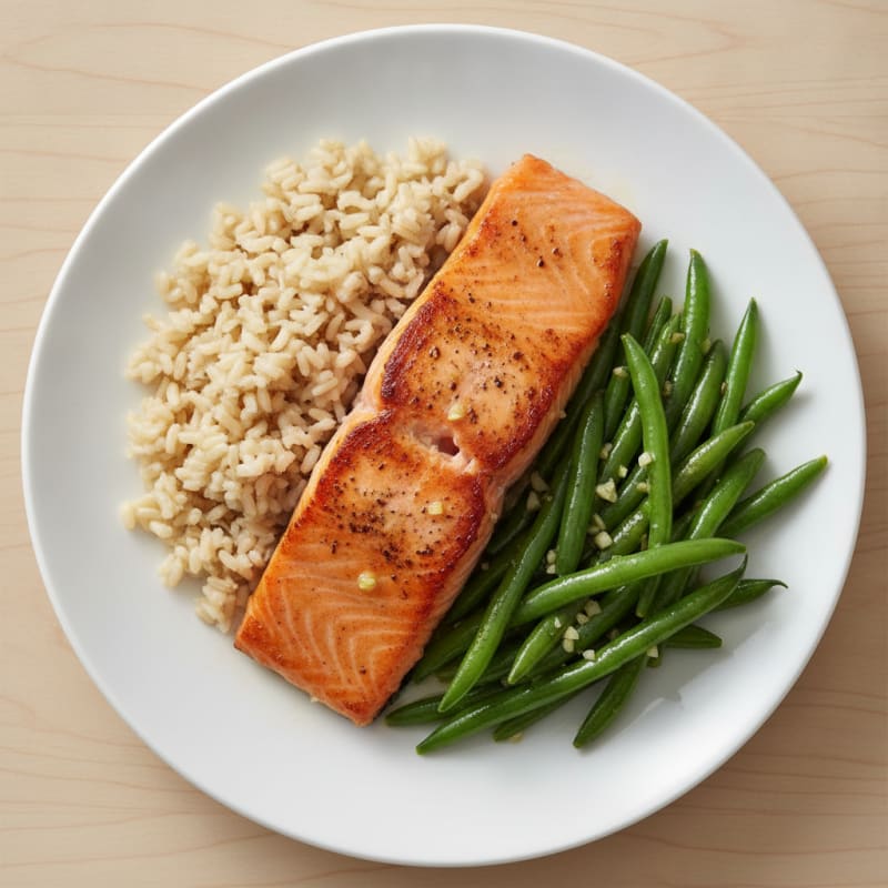 Seared Salmon Fillet with Garlic Green Beans and Brown Rice