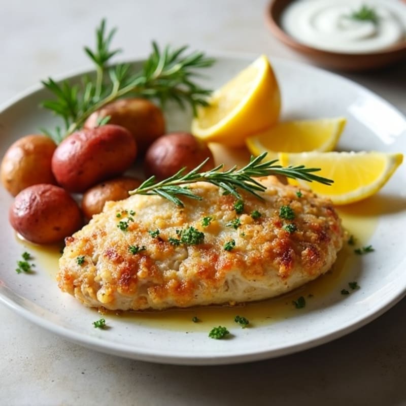Crispy Lemon Herb Chicken with Roasted Potatoes and Creamy Dill Sauce