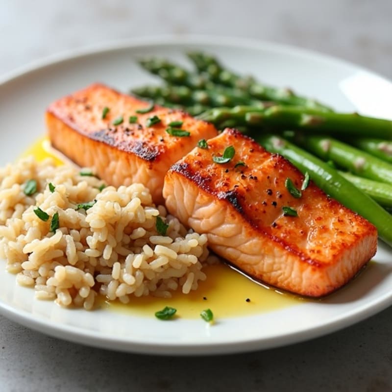 Seared Salmon Fillet with Steamed Asparagus and Brown Rice