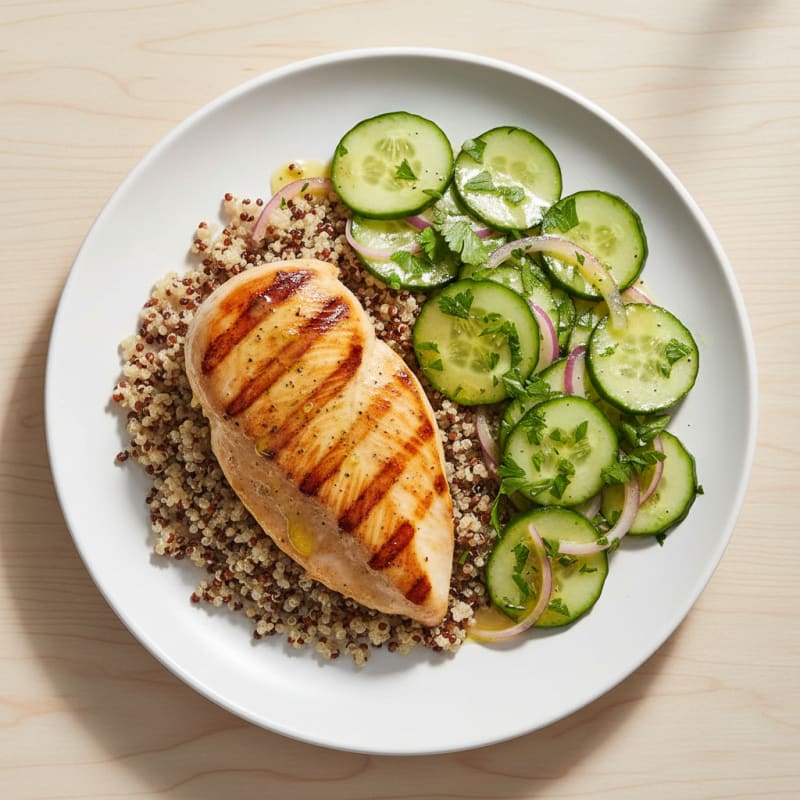 Grilled Chicken Breast with Quinoa and Crunchy Cucumber Salad
