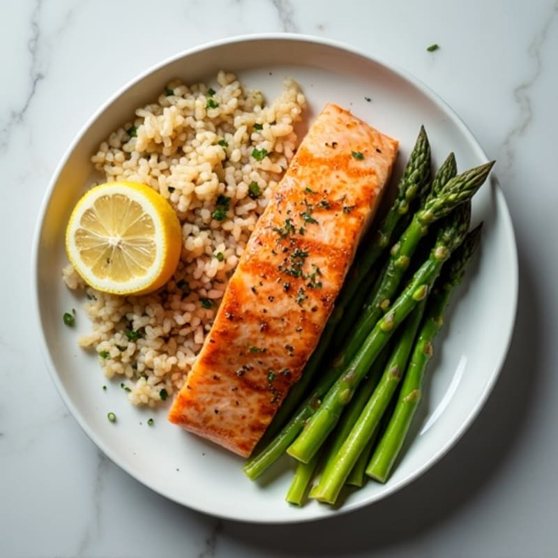 Seared Salmon Fillet with Steamed Asparagus and Brown Rice