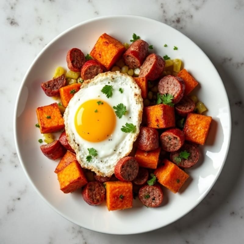 Crispy Sweet Potato Hash with Turkey Sausage and Eggs