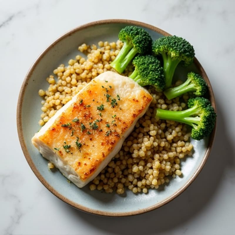 Seared Cod Fillet with Roasted Broccoli and Quinoa