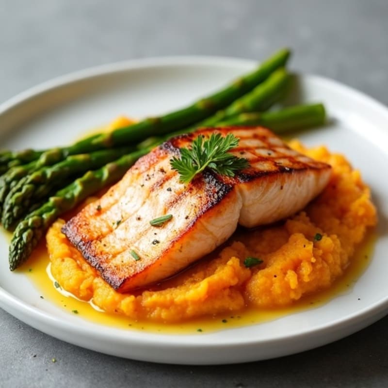 Seared Salmon with Steamed Asparagus and Sweet Potato Mash