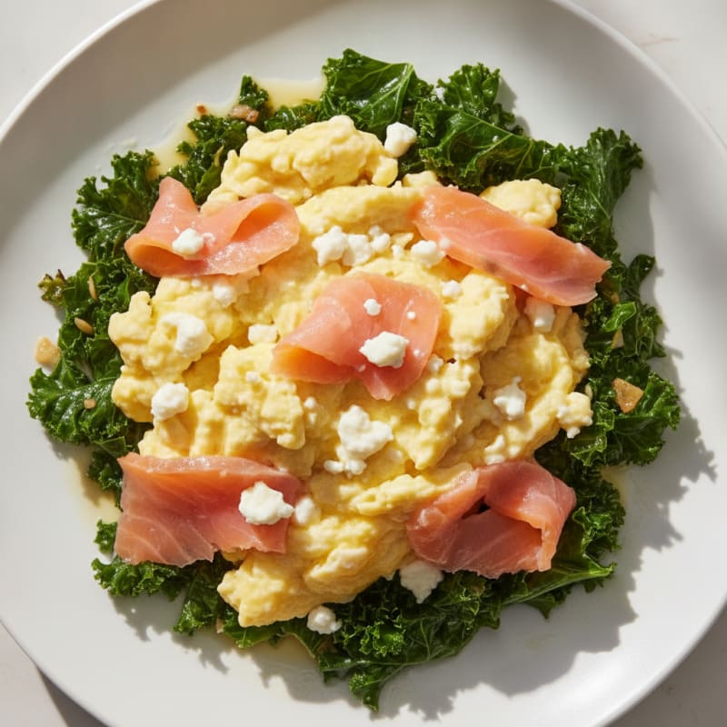 Creamy Scrambled Eggs with Smoked Salmon and Sautéed Kale