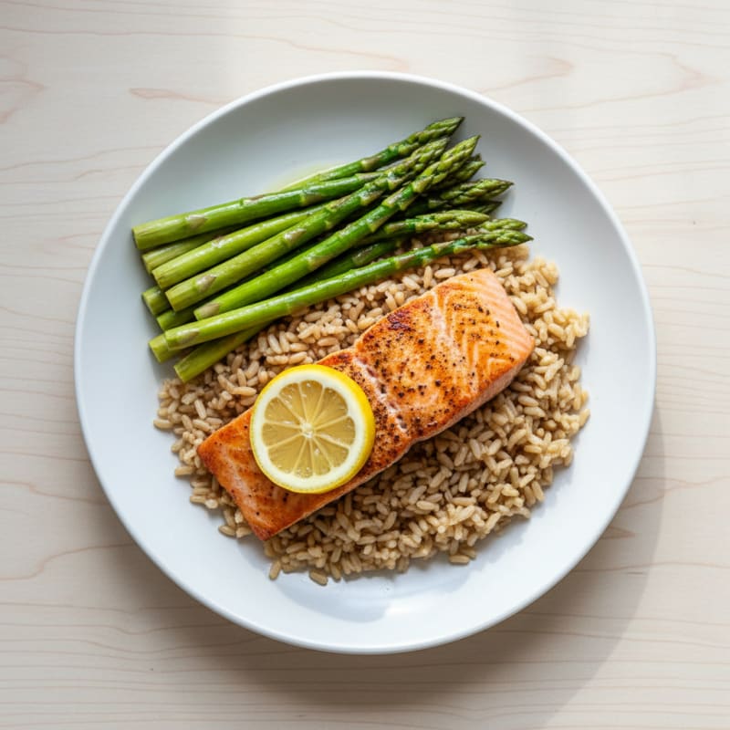 Seared Salmon Fillet with Steamed Asparagus and Brown Rice
