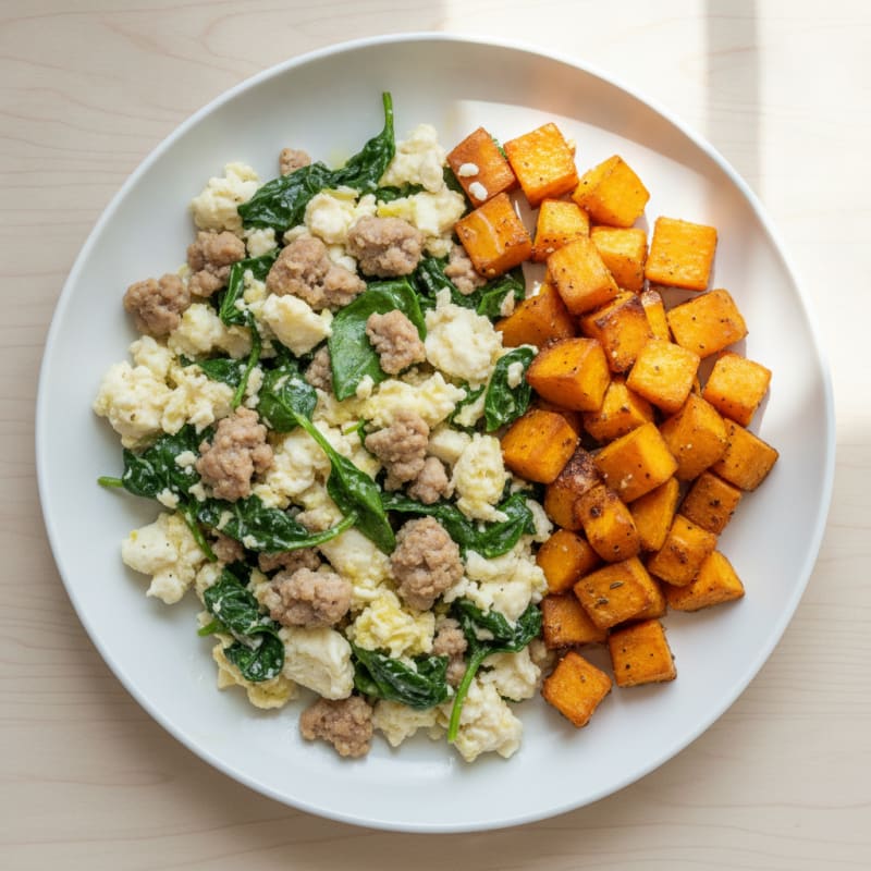 Egg White and Turkey Sausage Scramble with Spinach and Roasted Sweet Potato