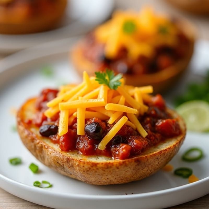 Crispy Baked Potato Skins Loaded with Lean Turkey Chili and Sharp Cheddar