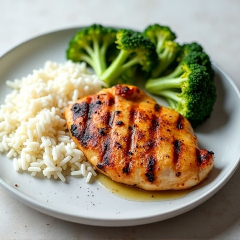 Grilled Chicken Breast with Steamed Rice and Roasted Broccoli