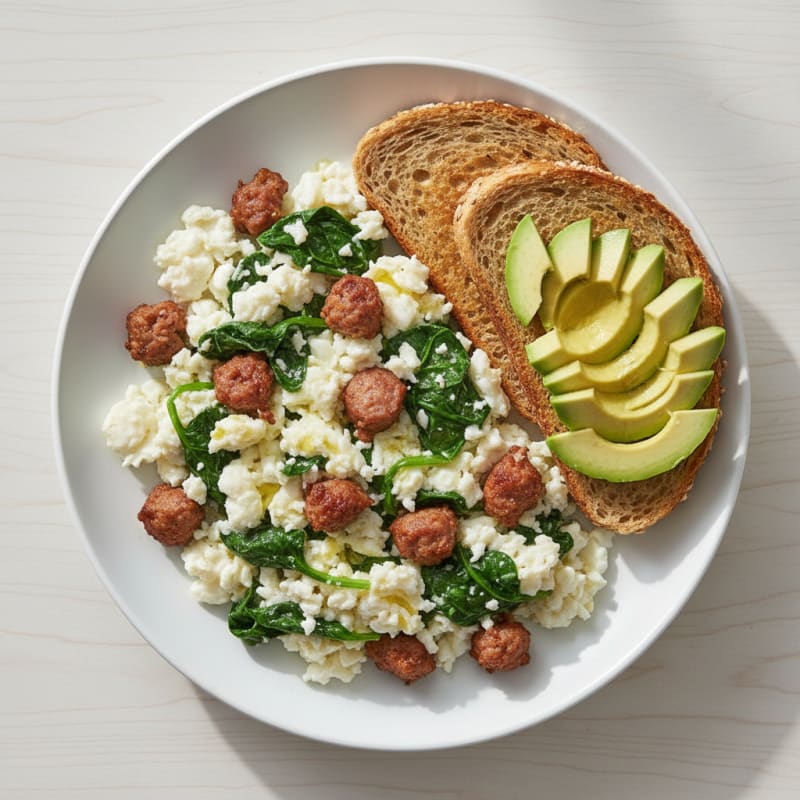 Egg White Spinach Scramble with Turkey Sausage