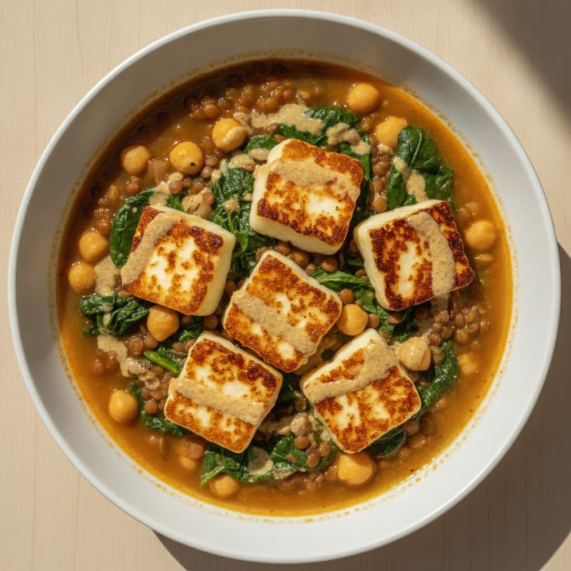 Lentil and Chickpea Stew with Spinach and Grilled Halloumi