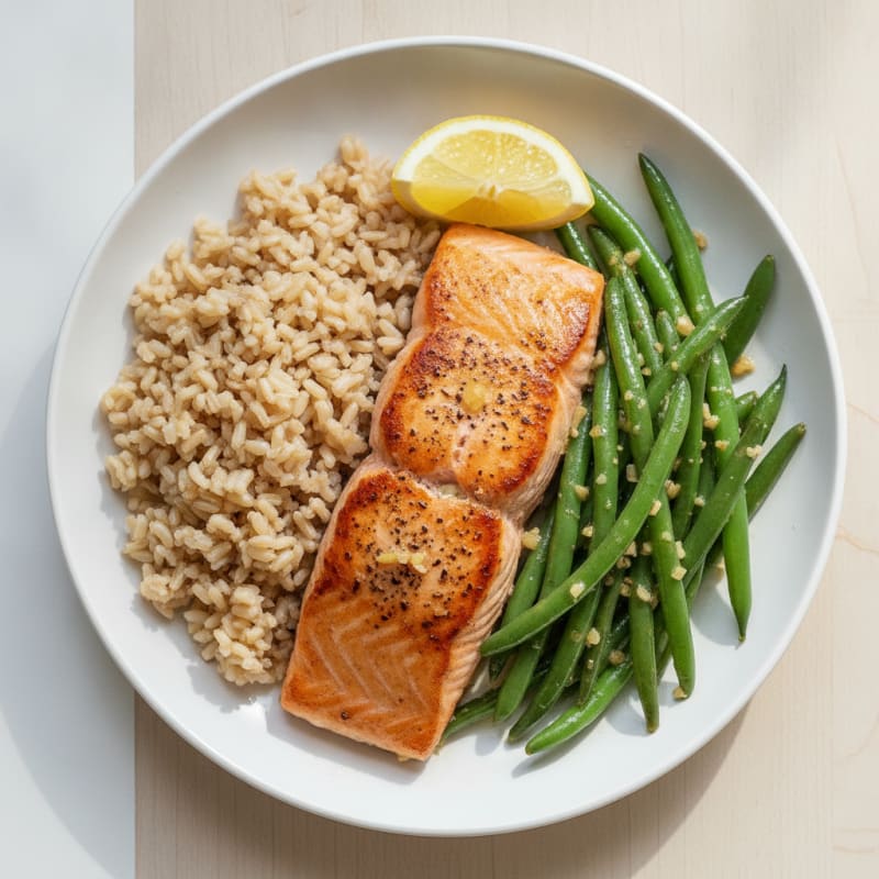 Seared Salmon with Garlic Green Beans and Brown Rice