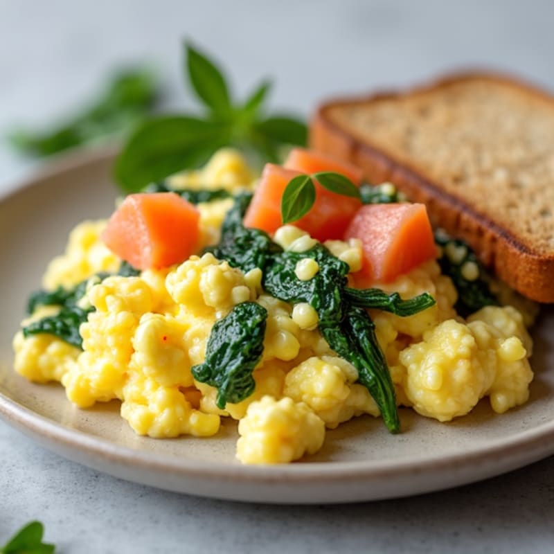 Creamy Scrambled Eggs with Smoked Salmon and Sautéed Spinach