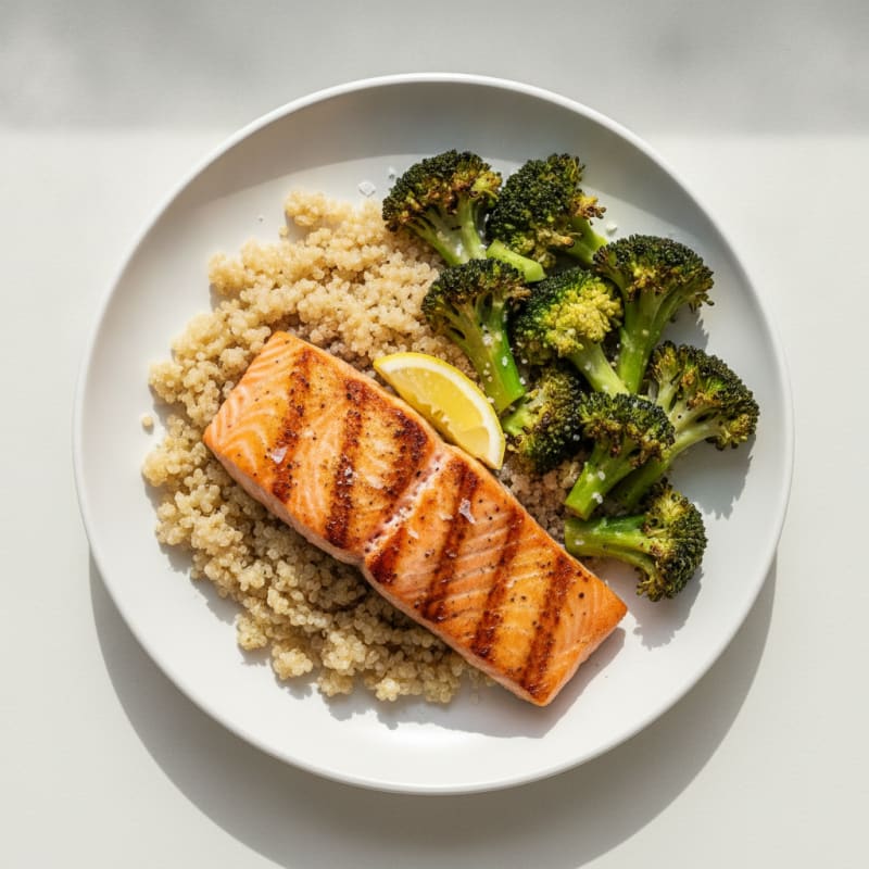Seared Salmon Fillet with Roasted Broccoli and Quinoa