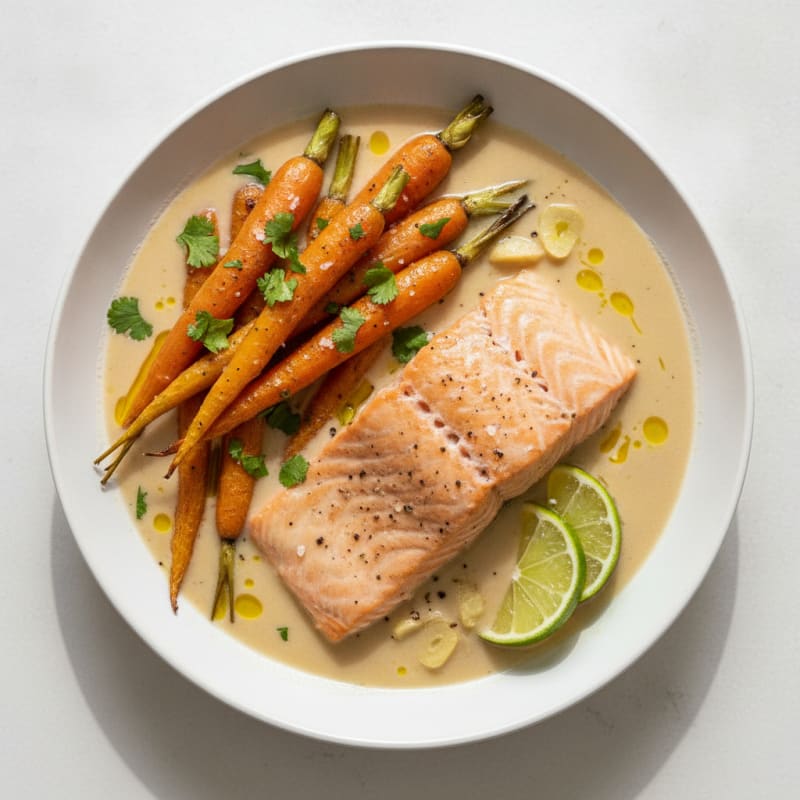 Coconut Poached Salmon with Roasted Carrots