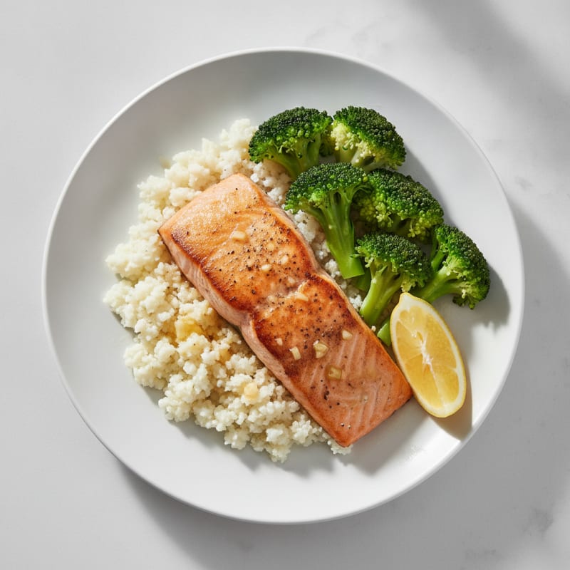 Seared Salmon Fillet with Steamed Broccoli and Cauliflower Rice