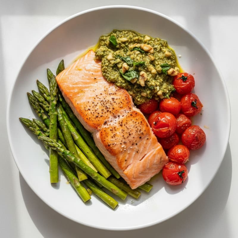 Seared Salmon with Roasted Vegetables and Walnut Pesto