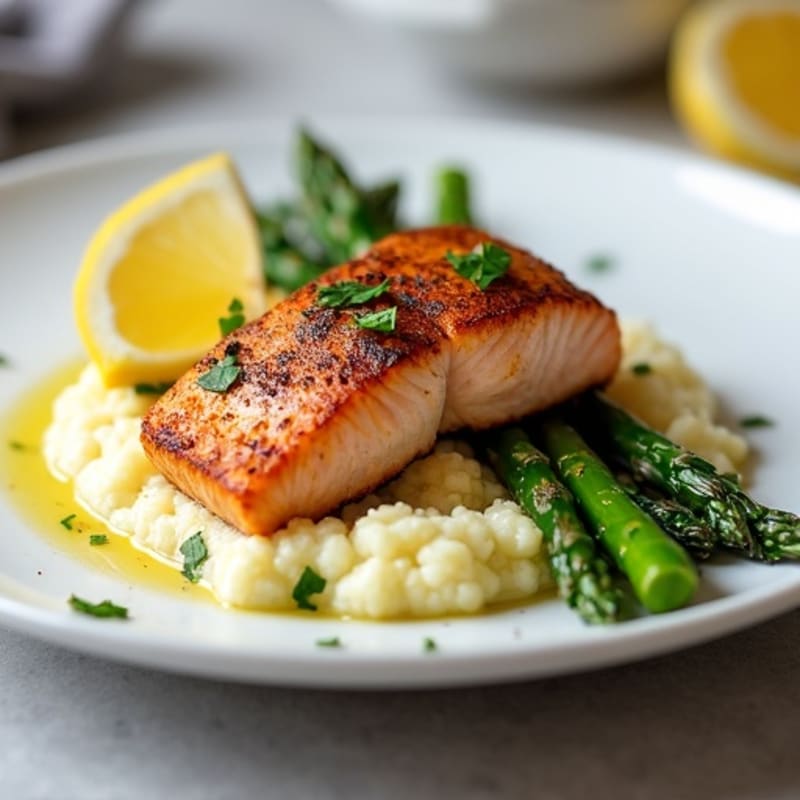 Seared Salmon with Roasted Asparagus and Cauliflower Mash