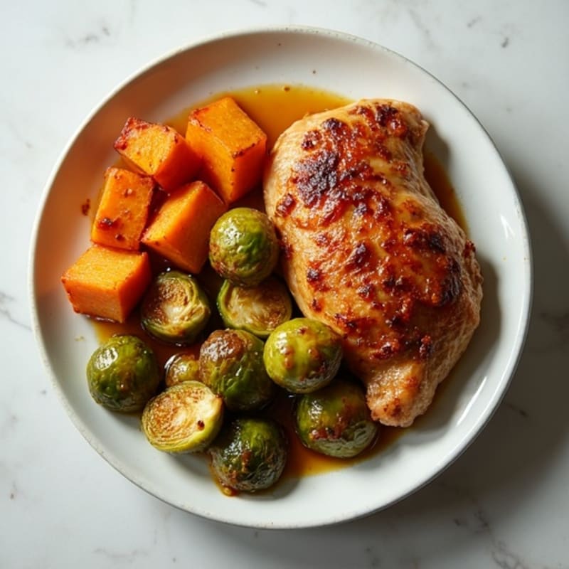 Crispy Chicken Thighs with Roasted Brussels Sprouts and Sweet Potatoes